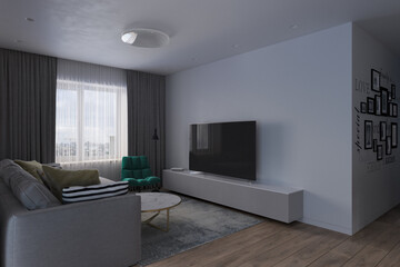 Living room interior design in a modern architectural style. A series of 3d render of interior with different lighting. Illustration for design and presentations