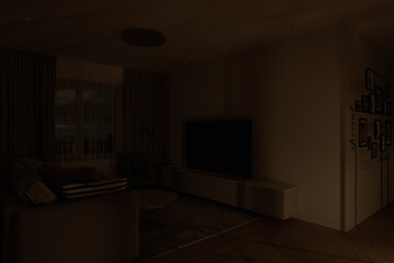 Fototapeta premium Living room interior design in a modern architectural style. A series of 3d render of interior with different lighting. Illustration for design and presentations
