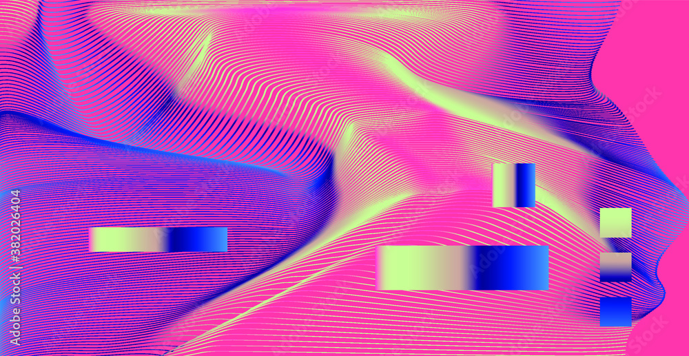 Poster Abstract technology background with warped and distorted laser grid. Vaporwave and synthwave style poster.