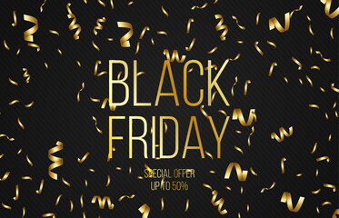 Fototapeta na wymiar Black Friday Sale Banner Background with gold text effect and confetti. Advertising Poster Template. Vector illustration.