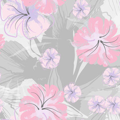 Pink Flowers Blooming Pattern. Pastel Watercolor.