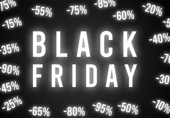 Percent off set of white glow neon signs on a dark background. Black Friday Glowing sales . Sales set around text Black Friday .