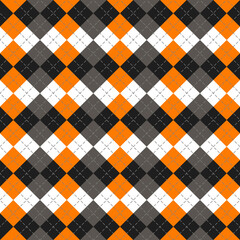 Halloween Argyle plaid. Scottish pattern in orange, black, white and gray rhombuses. Scottish cage. Traditional Scottish background of diamonds. Seamless fabric texture. Vector illustration