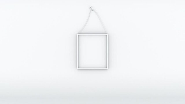 Computer generated white room with white border. 3d rendering of background with empty frame hanging from a nail. Virtual interior
