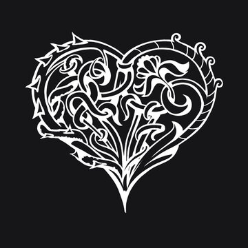 Heart tattoo, hand drawn vector image, isolated vector illustration on black background, print for clothes.