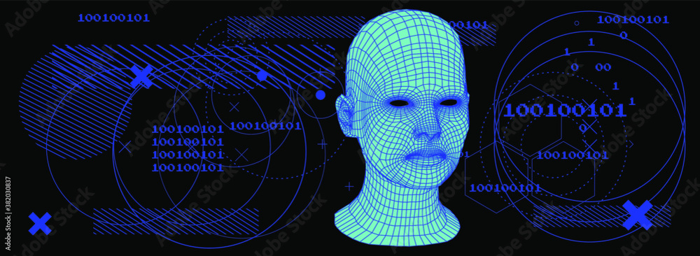 Aufkleber artificial intelligence and neural network concept. 3d human face structure made of grid.