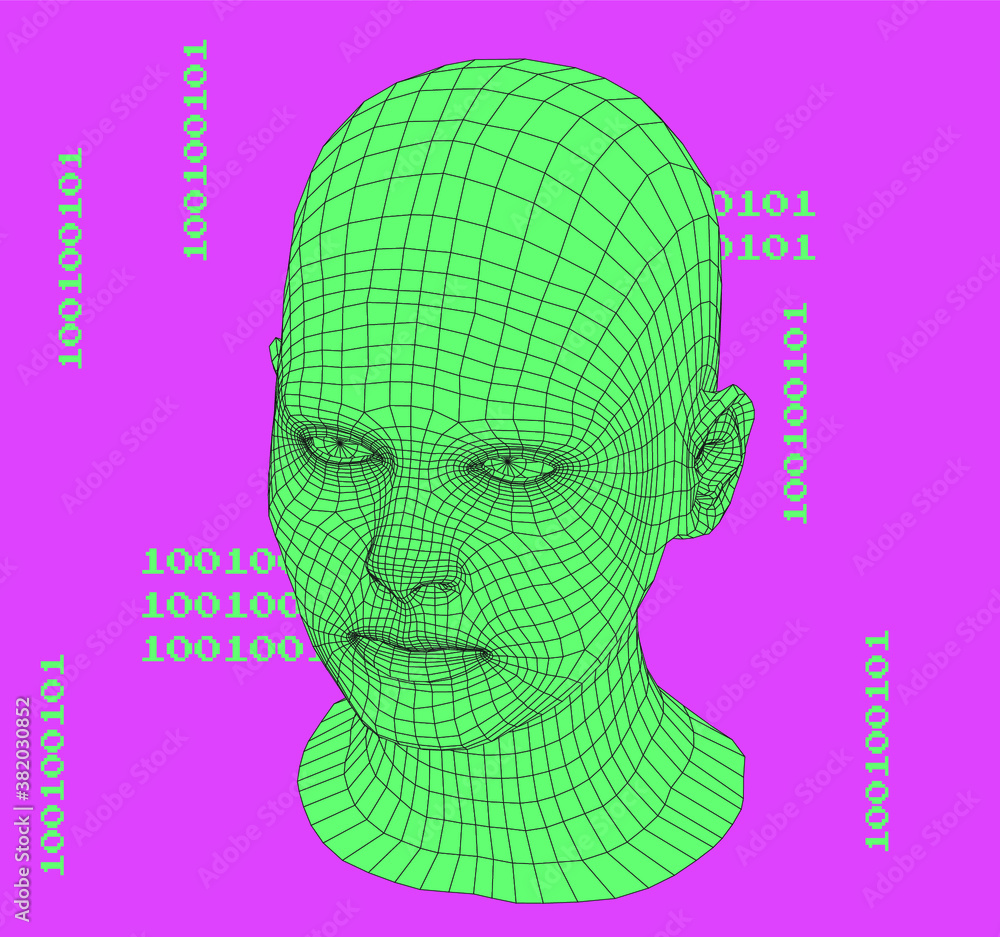 Aufkleber artificial intelligence and neural network concept. 3d human face structure made of grid.