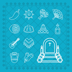 Fototapeta na wymiar mexican day of dead and poncho icon set, line style