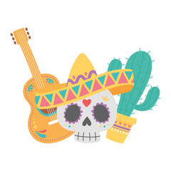 Fototapeta premium day of the dead, skull with hat guitar and cactus mexican celebration