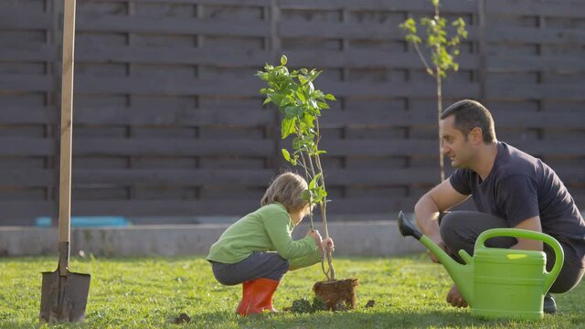 Father give a young tree to little child to plant, growth hopes together, love for life