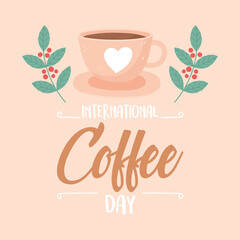 international day of coffee, cup on dish branches seeds poster