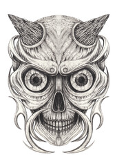 Surreal devil skull tattoo. Hand drawing on paper.