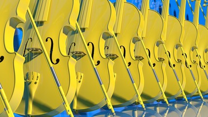 Ten classic yellow violins standing in line under blue background. 3D sketch design and illustration. 3D high quality rendering. © DRN Studio