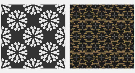 Modern geometric background patterns. Colors: black, white, gold. Vector image.