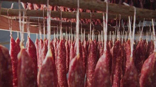 Close-up shot various delicious salami sticks and sausages hanging on counter in smokehouse food storage. Meat processing industry.