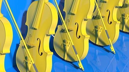 Ten classic yellow violins standing in line under blue background. 3D sketch design and illustration. 3D high quality rendering.