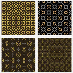 Geometric background patterns. Colors: black, gold, gray. Wallpaper textures, vector set