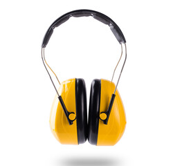 Yellow working protective headphones Ear muffs prevent loud noise from working construction equipment safety, studio shot isolated on over white background Hearing protection
