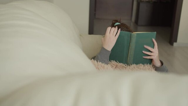 woman lying on the sofa at home and reading a book, lazy day