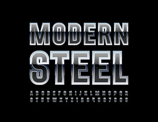 Vector Modern Steel and Black Alphabet. Elegant shiny Font. Metal Reflective Letters and Numbers set