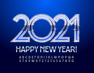 Vector luxury greeting card Happy New Year 2021! Blue and Silver brilliant Font. Elegant Alphabet Letters and Numbers set with Diamonds
