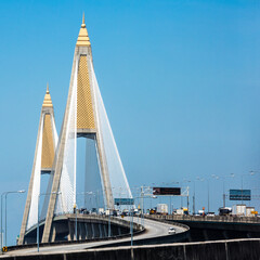 Fototapeta premium City Scape of Kanchanaphisek Bridge on blue sky background in Thailand