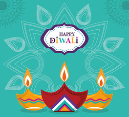 happy diwali festival, diya lamps with candles mandala green background