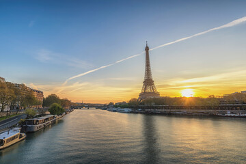 Fototapeta na wymiar Paris France sunrise city skyline at Eiffel Tower and Seine River