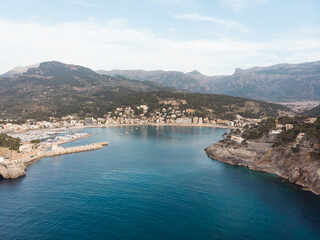 Aerial, Bird's eye, Drone view of Port de Sóller, Soller Harbour, Palma de Mallorca, Balearic islands, Spain