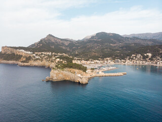 Fototapeta premium Aerial, Bird's eye, Drone view of Port de Sóller, Soller Harbour, Palma de Mallorca, Balearic islands, Spain