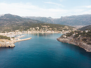 Fototapeta na wymiar Aerial, Bird's eye, Drone view of Port de Sóller, Soller Harbour, Palma de Mallorca, Balearic islands, Spain