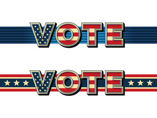 Vote in USA elections. Stylized lettering with American flag elements and colors.