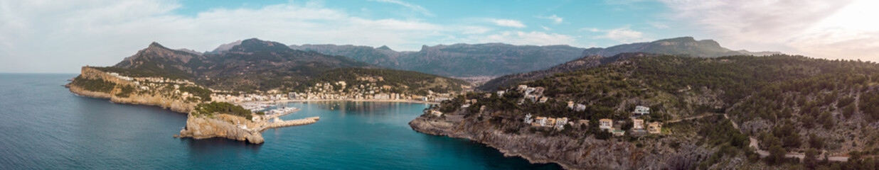 Aerial, Bird's eye, Drone view of Port de Sóller, Soller Harbour, Palma de Mallorca, Balearic islands, Spain