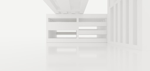 Abstract modern architectural minimalistic contemporary background. White Futuristic space sci-fi city metropolis. Residential and office skyscrapers. 3D illustration and rendering.