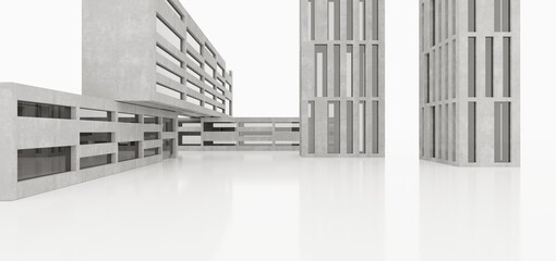 Abstract modern architectural minimalistic contemporary background. Concrete Futuristic space sci-fi city metropolis. Residential and office skyscrapers. 3D illustration and rendering.