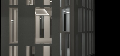 Obraz premium Abstract modern architectural minimalistic contemporary background. Night Futuristic space sci-fi city metropolis. Residential and office skyscrapers. 3D illustration and rendering.