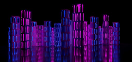 Abstract modern architectural minimalistic contemporary background. Night Futuristic space sci-fi city metropolis. Residential and office skyscrapers.Neon ultraviolet .3D illustration and rendering.