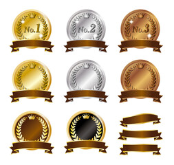 茶色いリボン高級感のあるの金銀銅ランキングメダルのアイコン/白背景 - obrazy, fototapety, plakaty