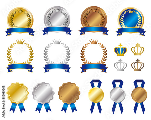 青いリボンの金銀銅ランキングメダルのアイコンセット 白背景 Blue Wall Mural Bl Kura