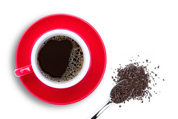 Red cup of hot black coffee and  instant granulated coffee bean