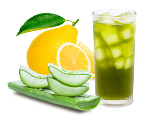 Glass of aloe vera smoothie juicy with green fresh aloevera leaf and lemon fruit isolated on white background. Healthy drinks concept.