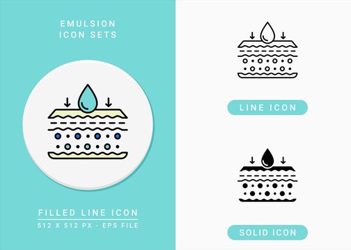 Emulsion icons set vector illustration with solid icon line style. Drop water absorption concept. Editable stroke icon on isolated background for web design, infographic and UI mobile app.
