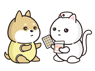 子犬に薬を処方する看護師（猫）