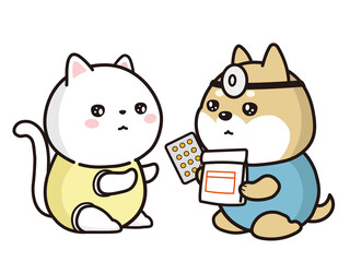 子猫に薬を処方する獣医（柴犬）