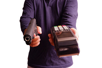 Man with a gun and credit card reader, The concept of online robbers, Hacker, Modern thief,...