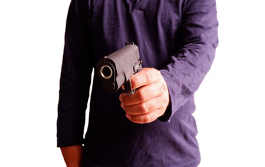 Man holding a gun in his hand and aiming Isolated on white background