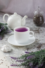lavender tea in a white mug. Purple tea in a mug on a light background stands on the table next to lavender flowers. Dried lavender flowers are brewed in a Cup.