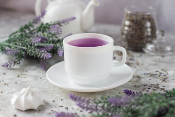Fototapeta na wymiar lavender tea in a white mug. Purple tea in a mug on a light background stands on the table next to lavender flowers. Dried lavender flowers are brewed in a Cup.