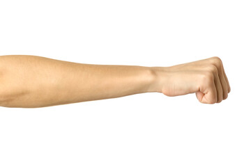 Hand clenched in a fist. Woman hand gesturing isolated on white