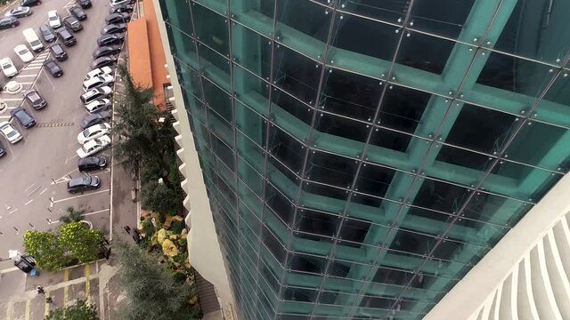 Aerial drone view of Harissa Maronite Cathedral, Our lady of Lebanon basilica, front window, Lebanon, day